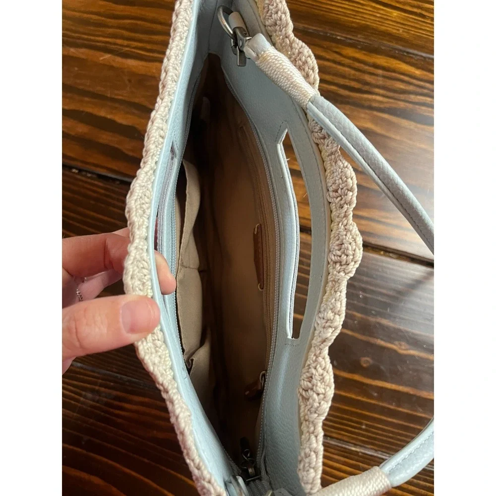 The Sak Bag, Hand Crochet Linden Chambray Light Blue Crossbody Clutch Scalloped